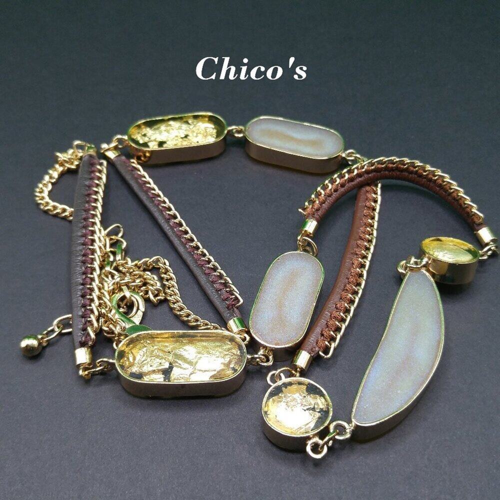 Chico's Gold Foil Iridescent Leather Chain Long Necklace, 40 Inches